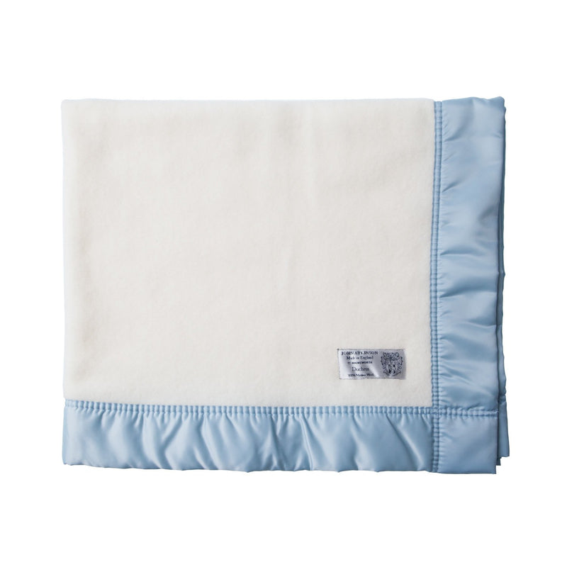 100% super-soft British-made Merino wool classic blue satin bound baby blanket perfect for all seasons From The Wool Company