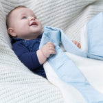 100% super-soft British-made off-white Merino wool classic soft blue satin bound baby blanket cosy & perfect for all seasons