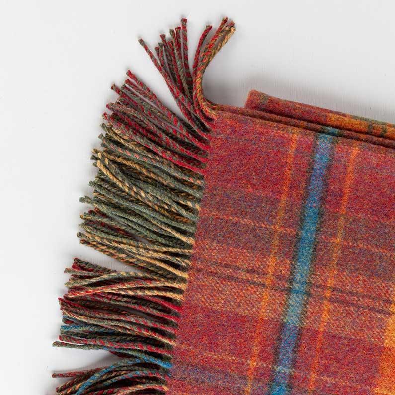 Made in Scotland tweed lambswool throw double-faced russet reds mossy greens & burnt orange checks thick & super-soft