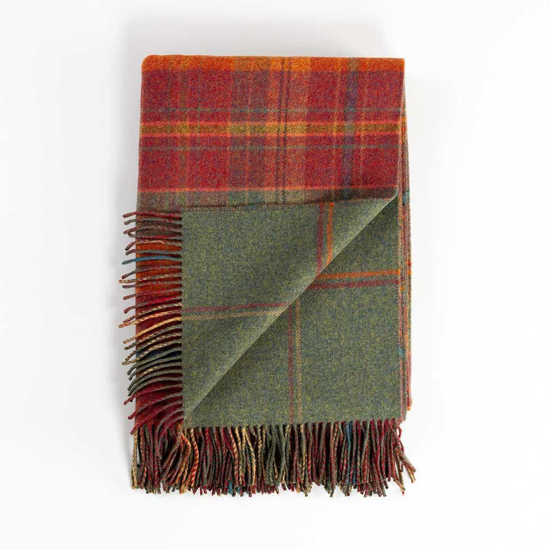 Scottish tweed lambswool throw double-faced russet reds mossy greens & burnt orange checks thick & soft By The Wool Company