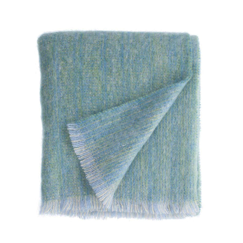 Super-soft, thick mohair throw in ocean shades sea green & turquoise blue top quality warm light & cosy By The Wool Company