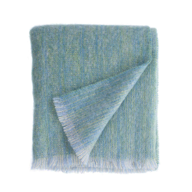 Super-soft, thick mohair throw in ocean shades sea green & turquoise blue top quality warm light & cosy By The Wool Company