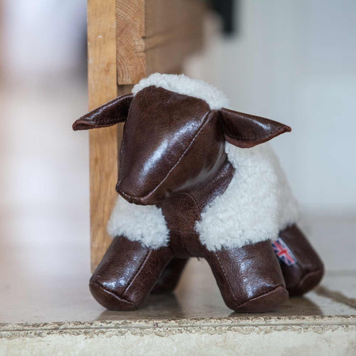 Sheep doorstop, practical & cute. Created from leather & super-soft real sheepskin in England, unique gift idea!