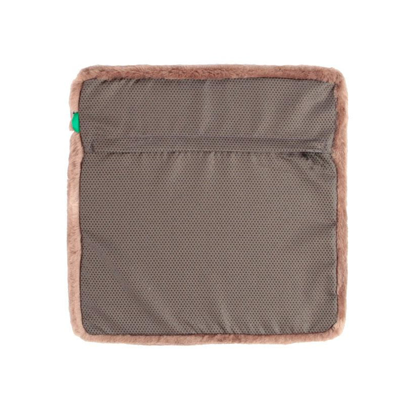 Warm mid-brown colour lambskin cushion, dense, shorn fleece & super soft & supportive filled cushion for year-round-comfort