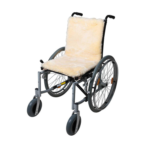 Natural creamy colour lambskin wheelchair cover, all-year-round comfort & support while using the chair. By The Wool Company