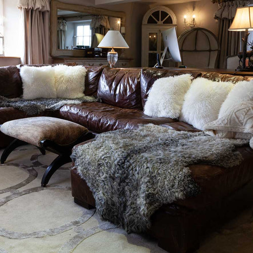 Sumptuous, double-sided, natural sheepskin cushion, with a wool cushion pad, super soft longwool fleece in natural colours