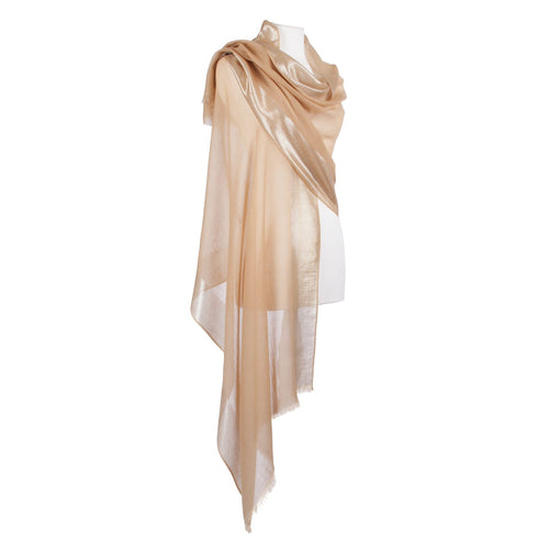 100% cashmere stole in gold, super-soft & fine cashmere with a delicate silver border & soft fringe From The Wool Company