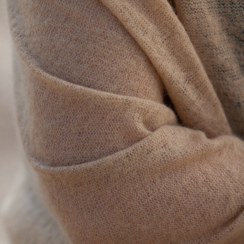 100% soft knitted cashmere shawl in fudge tones with a short scallop fringe unique design lightweight & warm top-quality 