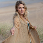100% soft knitted cashmere shawl in fudge tones with a short scallop fringe unique design lightweight & warm top-quality 