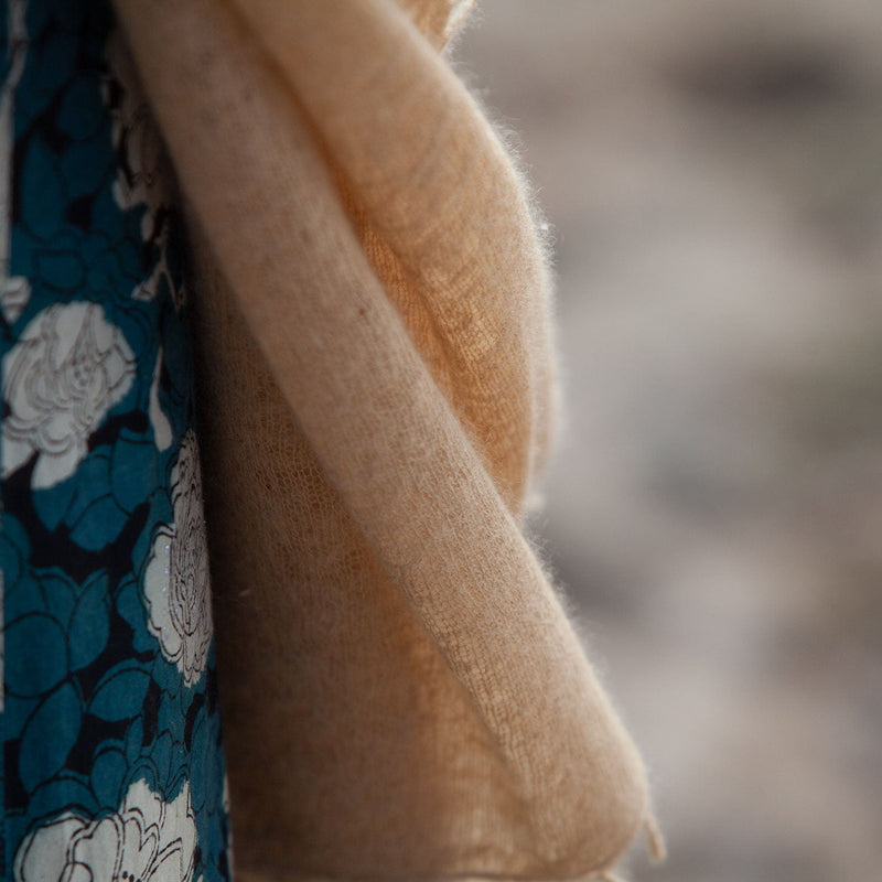 100% soft knitted cashmere shawl in fudge tones with a short scallop fringe unique design lightweight & warm top-quality 
