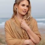 100% soft knitted cashmere shawl in fudge tones with a short scallop fringe unique design lightweight & warm top-quality 