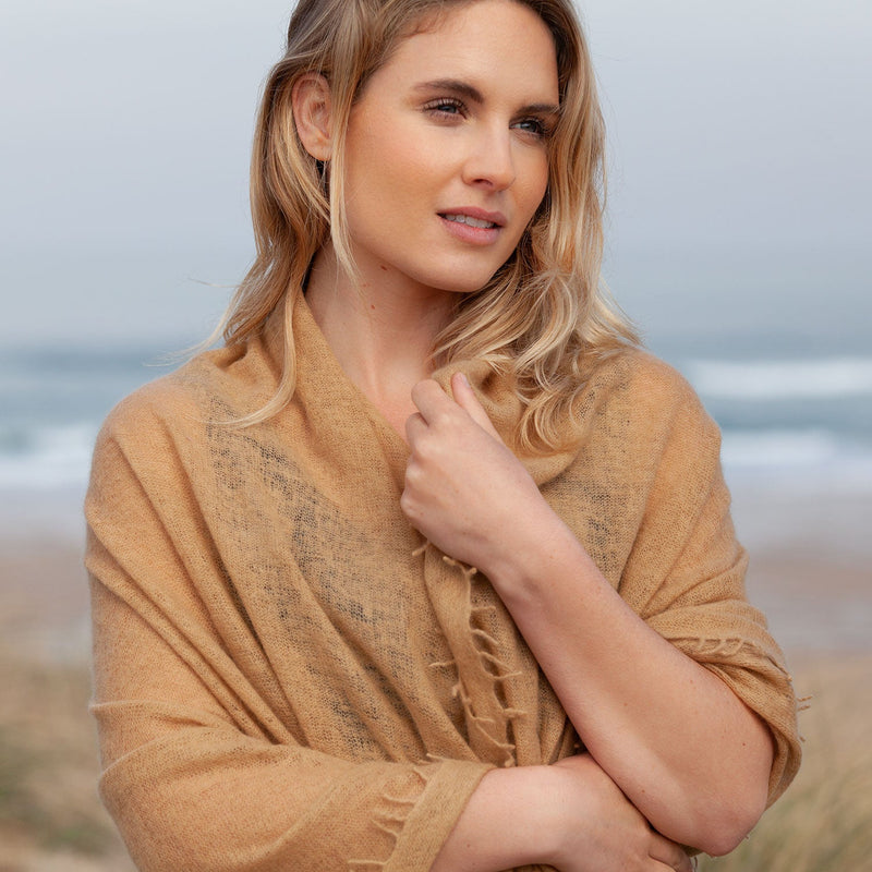 100% soft knitted cashmere shawl in fudge tones with a short scallop fringe unique design lightweight & warm top-quality 