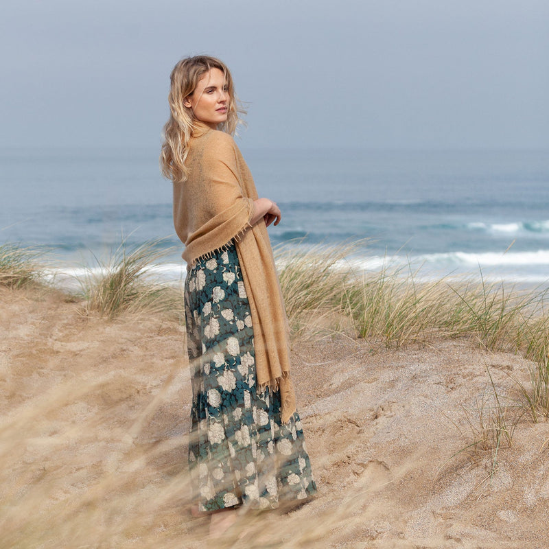 100% soft knitted cashmere shawl in fudge tones with a short scallop fringe unique design lightweight & warm top-quality 