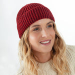 100% super-soft Merino wool classic fine-rib knitted beanie hat in a flecked rich dark red colour made in England top-quality