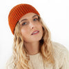 100% super-soft Merino wool classic fine-rib knitted beanie hat in a flecked rich orange colour made in England top-quality