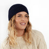 100% super-soft Merino wool classic fine-rib knitted beanie hat in a flecked dark navy blue made in England top-quality 