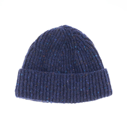 100% Merino wool classic fine-rib knitted beanie hat in a flecked dark navy blue colour made in England From The Wool Company