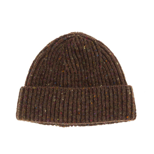 100% Merino wool classic fine-rib knitted beanie hat in a flecked deep green-brown made in England From The Wool Company