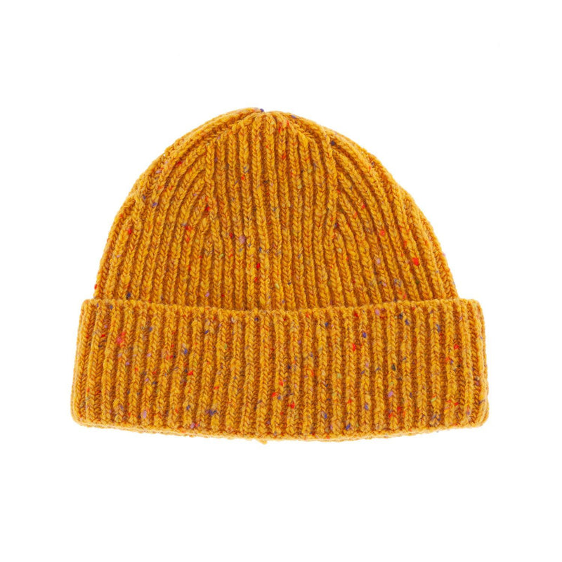 100% Merino wool classic fine-rib knitted beanie hat in a flecked rich mustard yellow made in England From The Wool Company