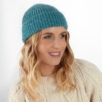100% super-soft Merino wool classic fine-rib knitted beanie hat in a flecked turquoise blue-green made in England top-quality