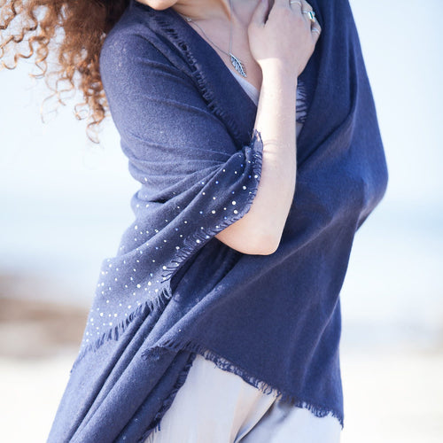Genuine 100% cashmere pashmina embellished with Swarovski crystals in classic navy finest-quality super-soft stunning shawl