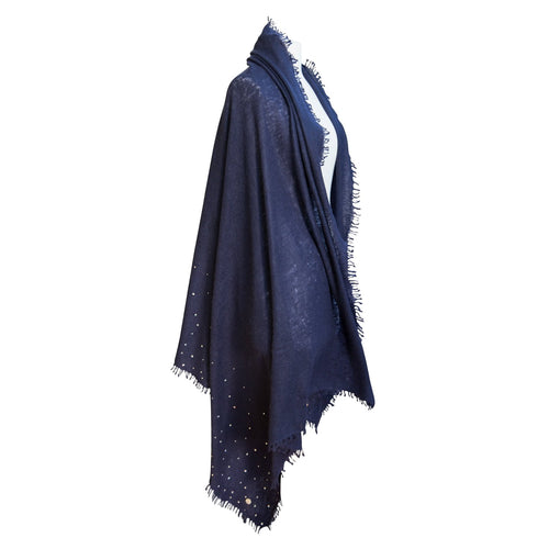 Genuine 100% cashmere pashmina embellished with Swarovski crystals in classic navy finest-quality From The Wool Company