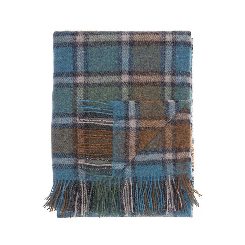 100% pure new wool medium weight throw in stunning tones of green & blue windowpane checks top-quality From The Wool Company