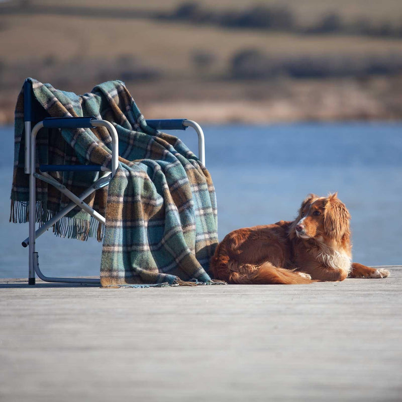 100% pure new wool medium weight throw in stunning tones of sea green & blue windowpane checks top-quality warm and cosy