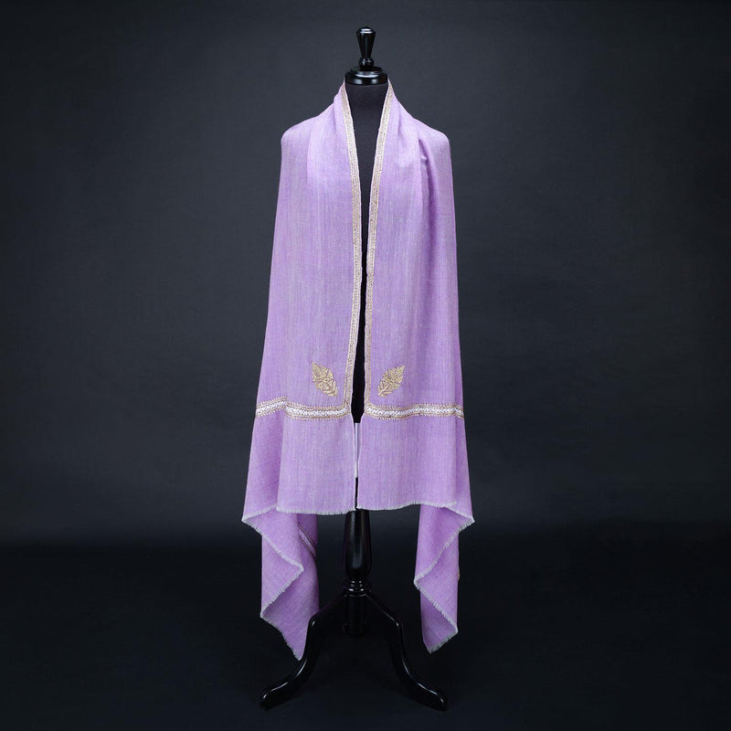 Hand-crafted 100% embroidered Zari cashmere pashmina lavender with gold thread finest-quality super-soft special shawl