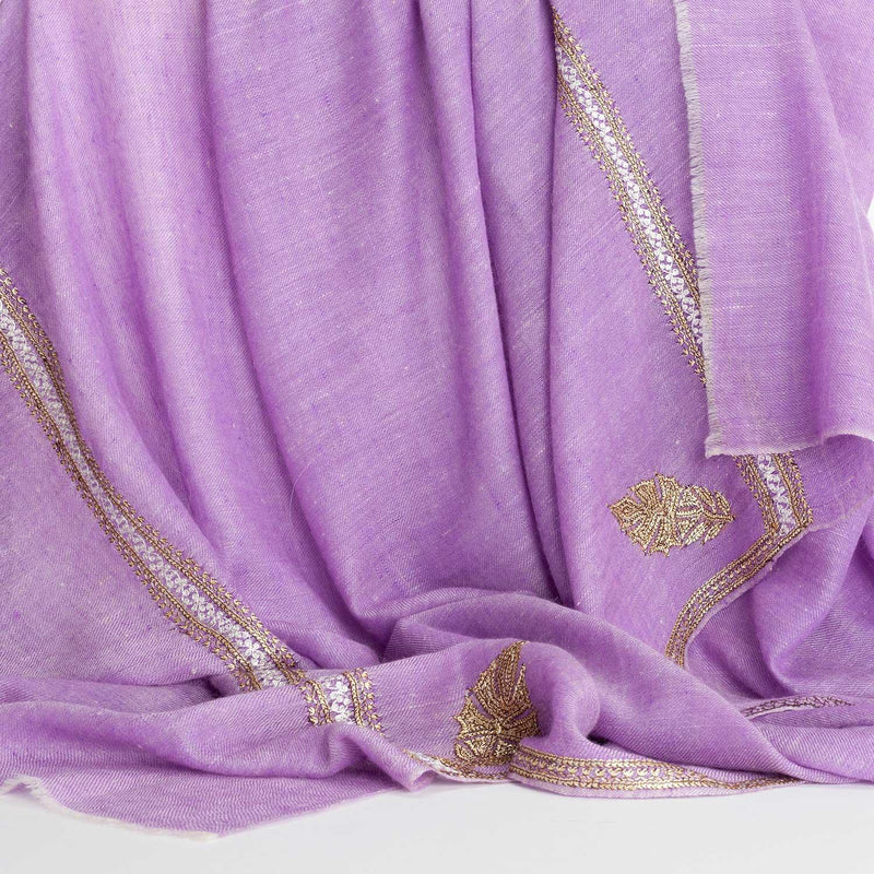 Hand-crafted 100% embroidered Zari cashmere pashmina lavender with gold thread finest-quality super-soft special shawl